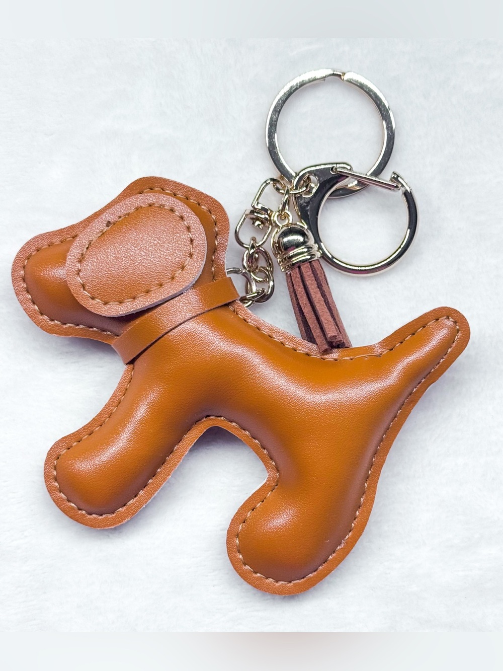 Brown Faux Leather Dog Bag Charm Keychain Tassel Purse Accessory - Picture 2 of 5